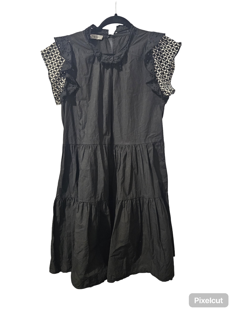 Black Tiered Ruffle Sleeve Dress with Contrast Printed Sleeves